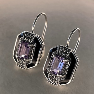 Art Deco Earrings - Amethyst, Marcasite and Purple Enamel - Genuine 925 Silver and Gemstones