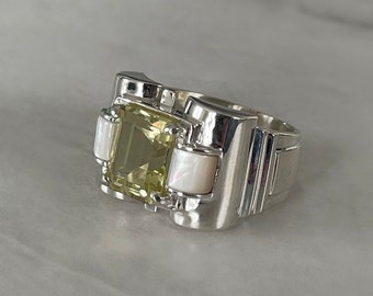 Bague en argent véritable - Quartz Lemon et nacre - Pierres naturelles et argent 925