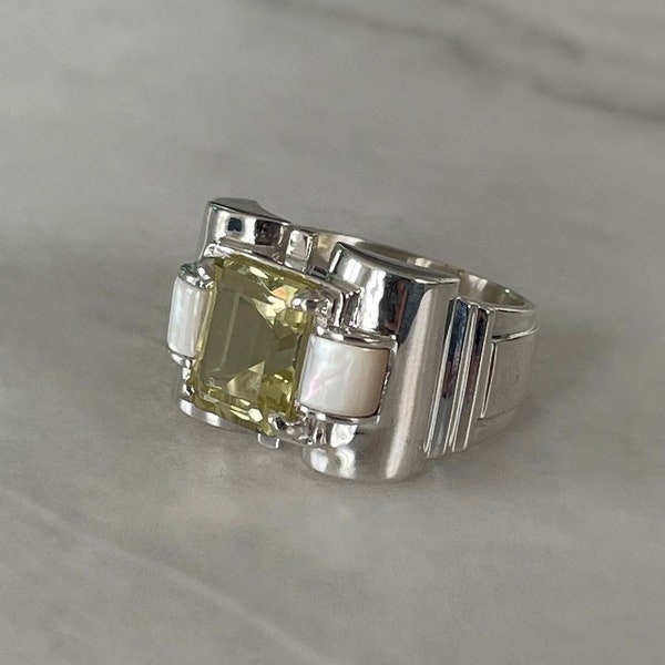 Bague en argent véritable - Quartz Lemon et nacre - Pierres naturelles et argent 925