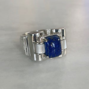 Art Deco Tank Ring - Genuine Lapis Lazuli and Mother of Pearl - Silver Ring