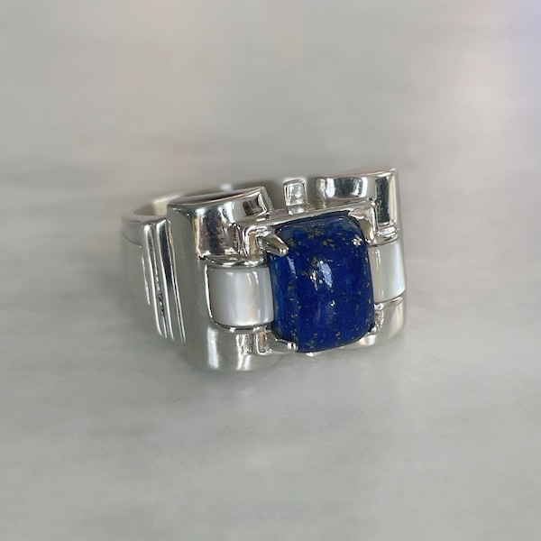 Bague tank art déco - Lapis lazuli et nacre authentiques - bague en argent