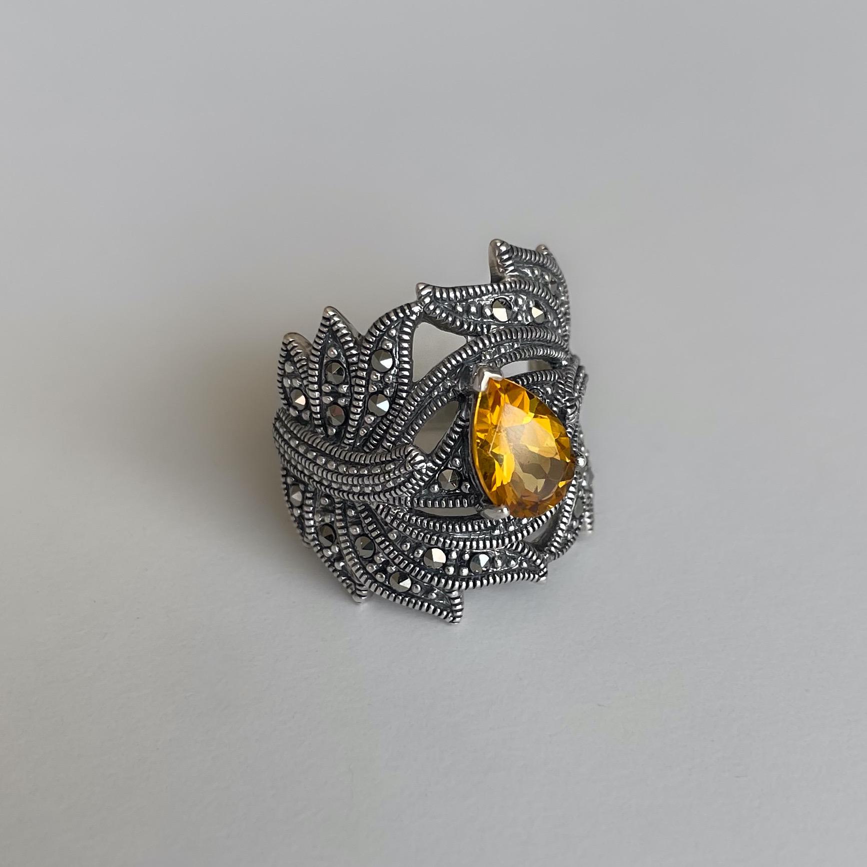 Bague Art Déco En Argent Massif Avec Une Vraie Citrine - Filigrane, Neuve Sans Emballage
