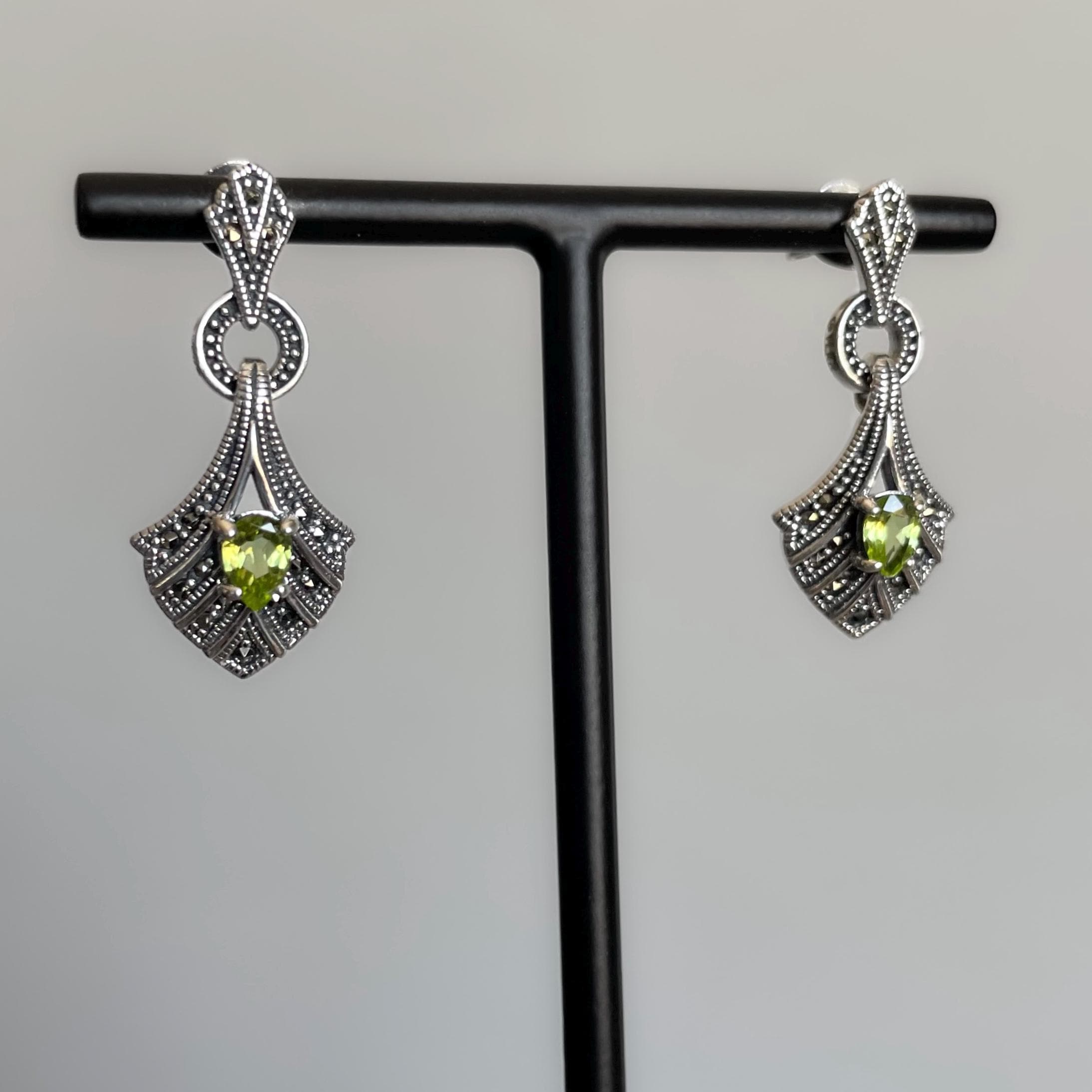 Boucles D'oreilles Art Déco En Argent 925 – Marcassite Et émail Bleu – Forme Goutte/éventail – Neuves Avec étiquettes