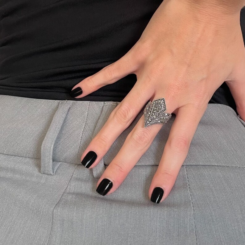 Art Deco-ring med naturliga markasitstenar - sterlingsilverring - vintagestil bild 4