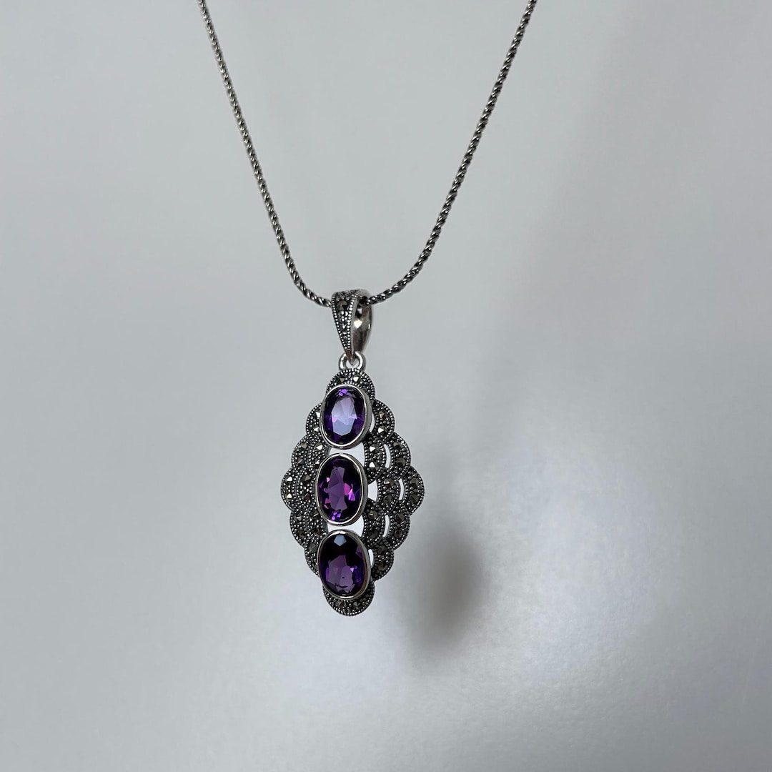 Collier Argent 925 Avec Pendentif Améthyste – Chaîne Incluse – Occasion Porté