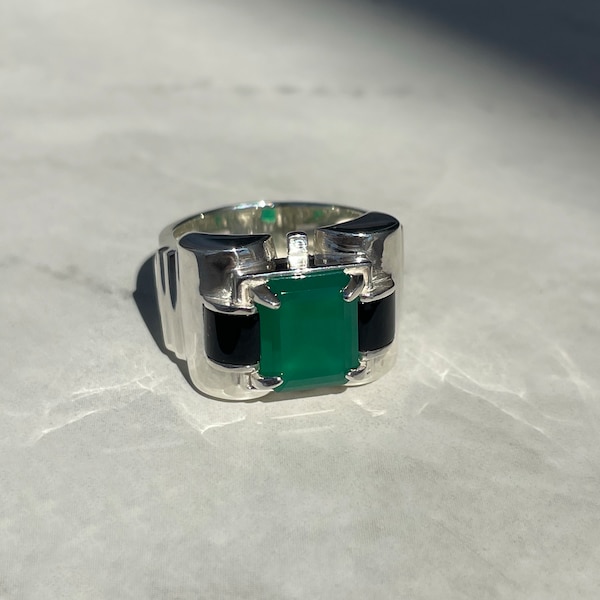 Bague tank art déco - agate verte et onyx - bague en argent et pierres naturelles