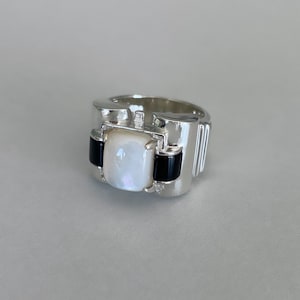 Solid silver ring - Mother-of-pearl and onyx - Natural stones - silver tank ring