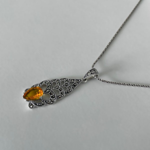 Collier art déco serti de citrine naturelle - collier en argent massif et marcassites