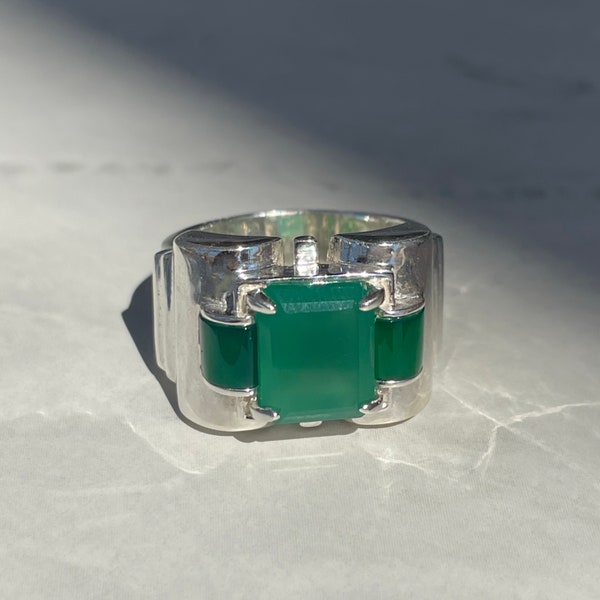 Bague tank art déco - agate verte authentique et argent 925