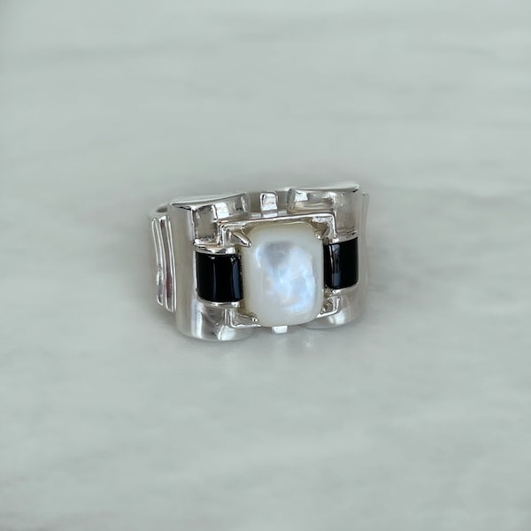 Bague en argent massif - Nacre et onyx - Pierres naturelles - bague tank en argent