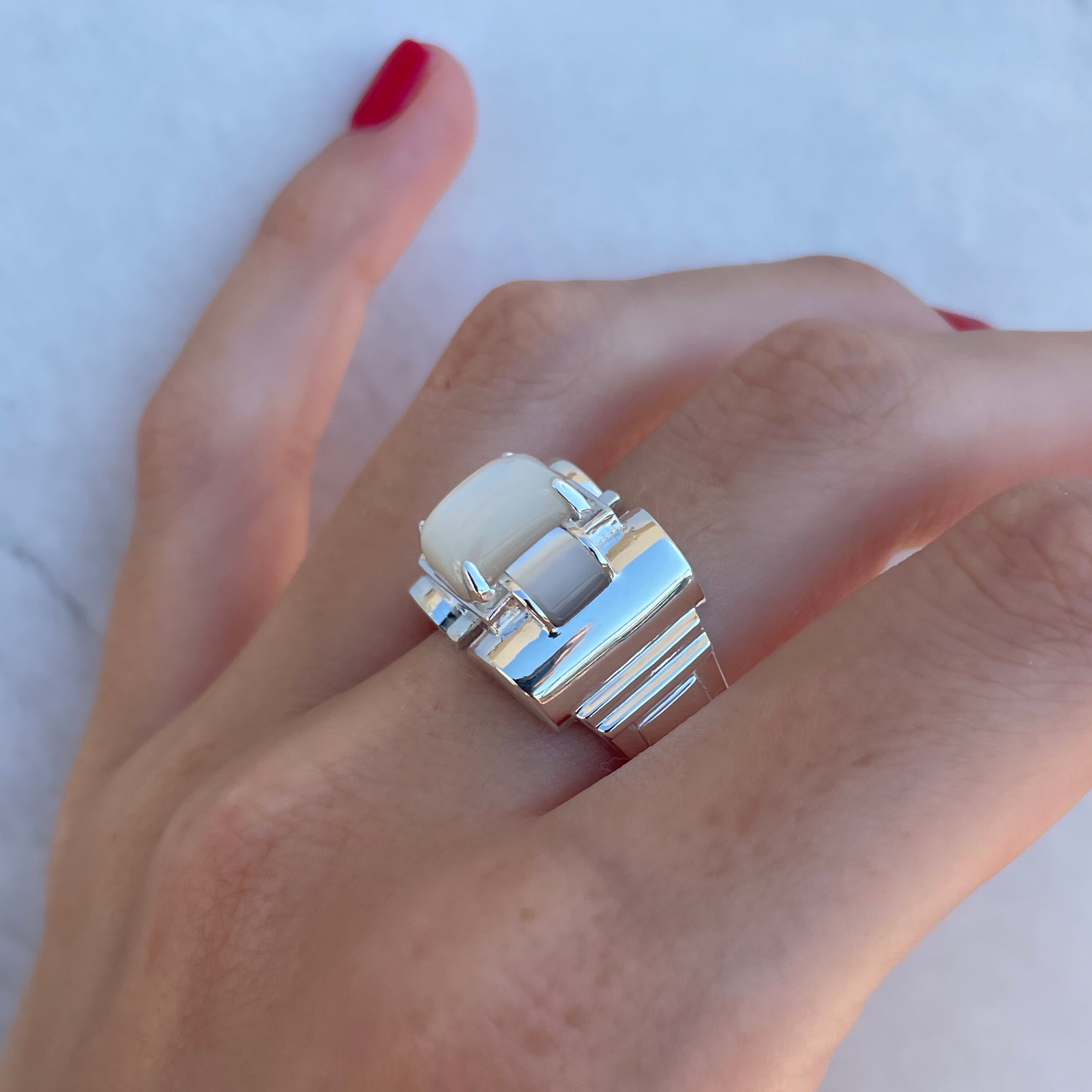 Bague Vintage Argent Massif Style Tank Avec Nacre - Taille T51