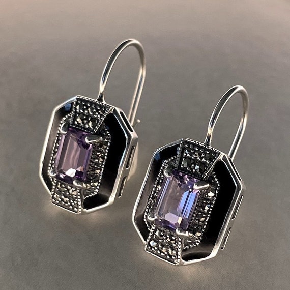 Pendientes Colgantes De Plata De Ley Con Cristal Morado Azulado Y Marcasita - Estilo Elegante