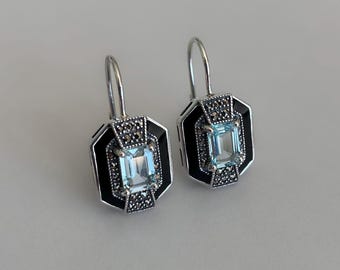Blue topaz sleeper earrings - Art Deco earrings - Art Deco jewelry - genuine topaz - sterling silver - Diana model