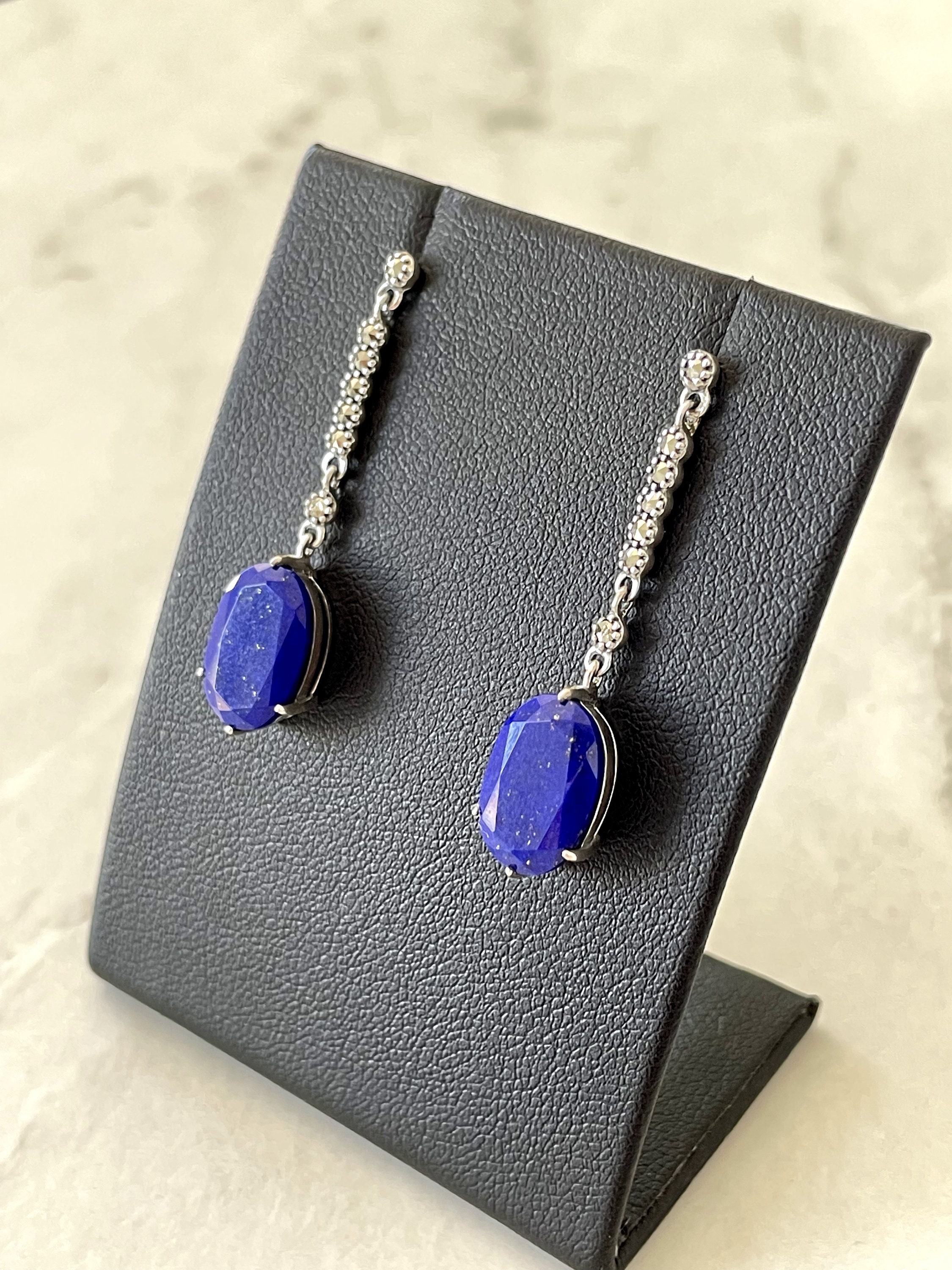 Boucles D'oreilles Art Déco Argent 925, Lapis Lazuli & Marcassite - Goutte Pendante