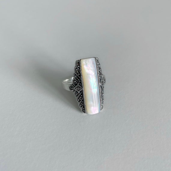 Bague Ajustable Grande Taille Argentée Avec Nacre - Taille 60-61 - Vintage - Argent 925