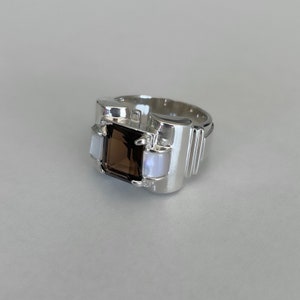 Art Deco Tank Ring - Smoky Quartz and Mother-of-Pearl