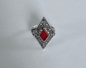 Art deco ring - vintage stijl - echt zilver en natuurlijke carneool - marcasietring