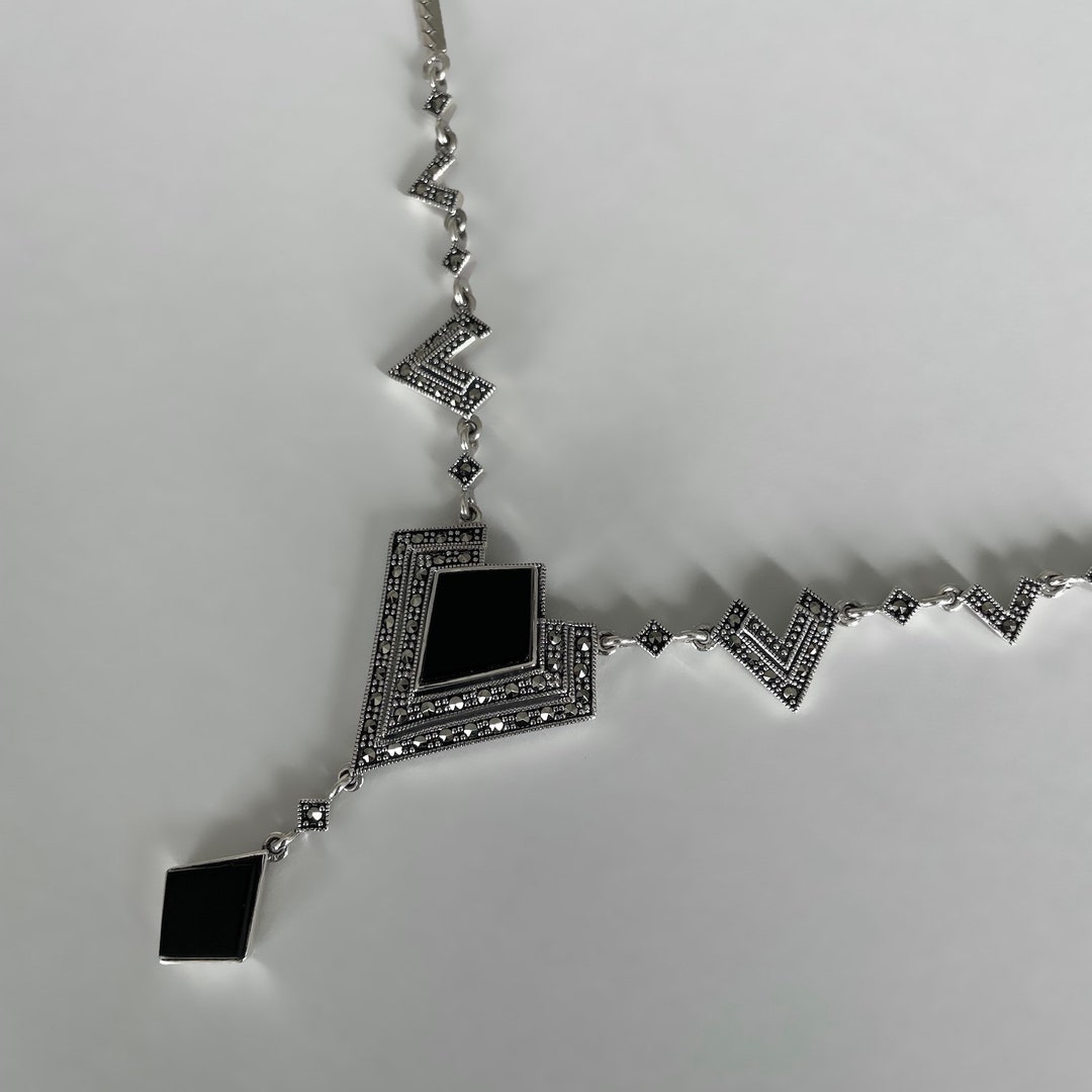 Collier Art Déco En Argent 925 - Onyx Noir Et Marcassite, Pendentif Ovale, Longueur 18 Pouces - Neuf Avec étiquettes