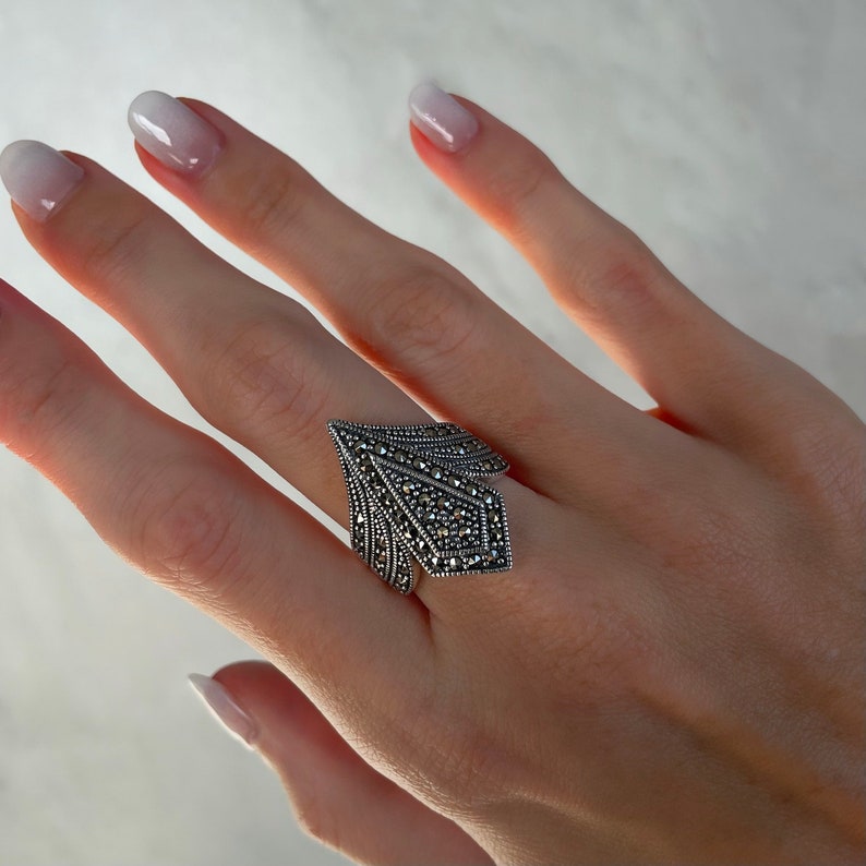 Art Deco-ring med naturliga markasitstenar - sterlingsilverring - vintagestil bild 3