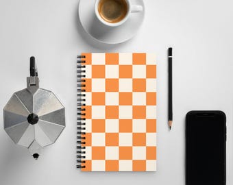 Aesthetic Spiral Notebook, A5 Dotted Journal, Cute Office Supplies, Stationary Gift, School & Work Notebook, Orange Checkered