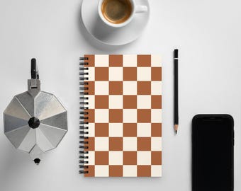 Aesthetic Spiral Notebook, A5 Dotted Journal, Cute Office Supplies, Stationary Gift, School & Work Notebook, Brown Checkered