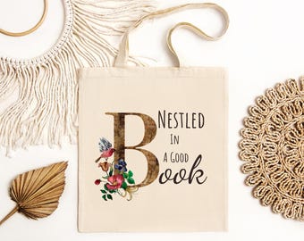 Nestled in a Good Book Organic Cotton Tote Bag for Book Lovers, Eco-Friendly Bag, Cute Library Book Tote, Gift for Readers & Bookworms
