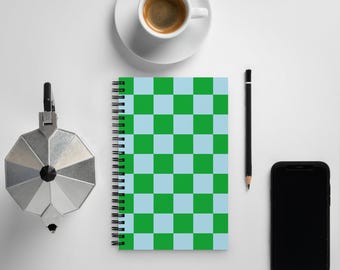 Aesthetic Spiral Notebook, A5 Dotted Journal, Cute Office Supplies, Stationary Gift, School & Work Notebook, Green and Blue Checkered