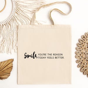 Smile Organic Eco Tote Bag, Inspirational Tote Bag, Cute Gift for Tote Bag Lovers, Reusable Bag, Book Bag, Shopping Bag