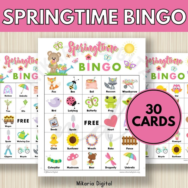Cartes de bingo de printemps imprimables, jeux de fête d'anniversaire de printemps pour les enfants, activité d'apprentissage des tout-petits, activités de voyage sur la route, bingo de voyage, S19