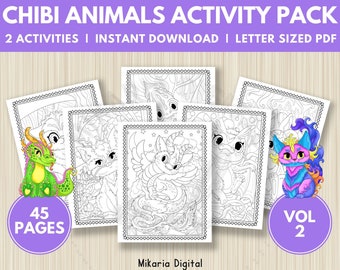 Mythical Creature Activity Pack for Kids, Connect the Dots Printable, Chibi Coloring Pages for Adults Digital Download, Dragon Coloring