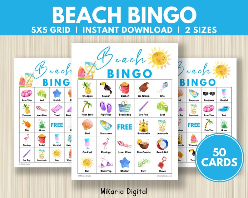Beach Bingo Cards Printable Beach Birthday Party Favors for Etsy