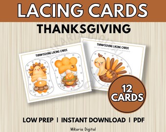 Thanksgiving Lacing Cards for Kids, Thanksgiving Activity Sheets, Toddler Learning Activity, Quiet Time Book, Fine Motor Skills, Homeschool