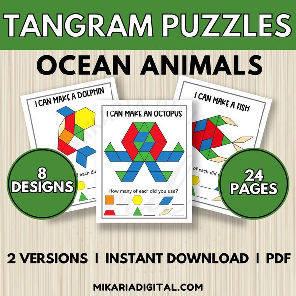 Ocean Animal Pattern Block Mats, Tangram Puzzle Cards for Kids, Toddler Learning Activity, Quiet Time Book, Basic Shape Matching Worksheets