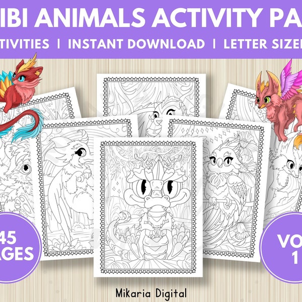 Mythical Animals Coloring Pages for Kids, Printable Chibi Coloring Pages for Adults, Fantasy Animal Birthday Party Favors, Connect the Dots
