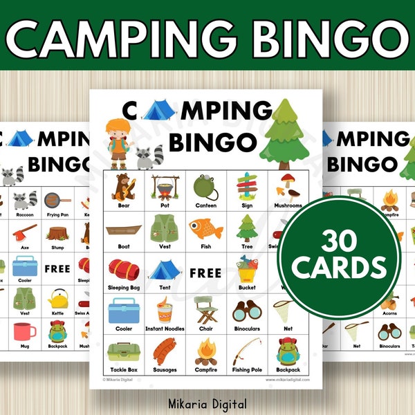 Camping Bingo Cards Printable, Camping Birthday Game, Camping Trip Scout Gift for Kids, Sleepover Party Game, Travel Game, Homeschool, G1