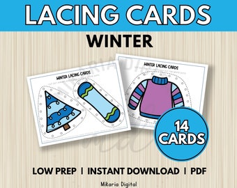 Winter Lacing Cards for Kids, Winter Montessori Printable Activity Sheets, Toddler Learning Activity, Quiet Time, Fine Motor Skills