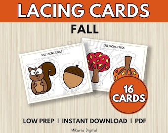 Fall Lacing Cards for Kids, Fall Montessori Printable Activity Sheets, Toddler Learning Activity, Quiet Time, Fine Motor, Autumn Activity