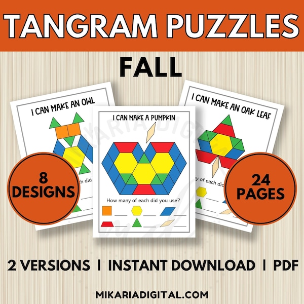 Fall Pattern Block Mats, Tangram Puzzle Cards for Kids, Toddler Learning Activity, Quiet Time Book, Shape Matching Activity, Homeschool