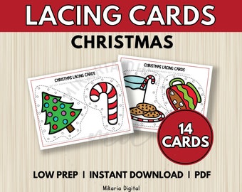 Christmas Lacing Cards for Kids, Christmas Montessori Printable Activity Sheets, Toddler Learning Activity, Quiet Time, Fine Motor Skills