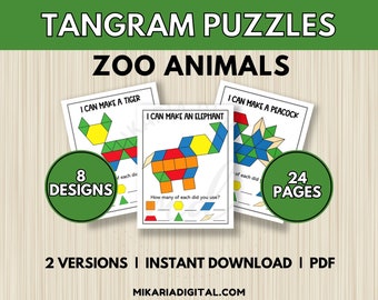 Zoo Animal Pattern Block Mats, Tangram Puzzle Cards for Kids, Toddler Learning Activity, Quiet Time Book, Basic Shape Matching Worksheets