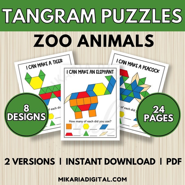 Zoo Animal Pattern Block Mats, Tangram Puzzle Cards for Kids, Toddler Learning Activity, Quiet Time Book, Basic Shape Matching Worksheets