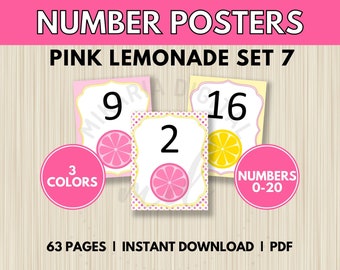 Pink Lemonade Decor for Walls, Pink Lemonade Decorations for Girls Room, Number Posters for Kids, Classroom Decor Printable, Homeschool