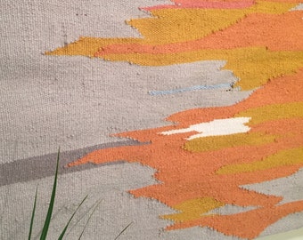 Weaving, unique hand woven tapestry, yarn, large wall hanging, frame loom textile fiber art.