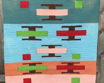 Weaving, unique hand woven tapestry, yarn, large wall hanging, frame loom textile fiber art.