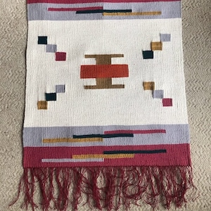 Weaving, unique hand woven tapestry, yarn, rug, wall hanging, frame loom textile fiber art.