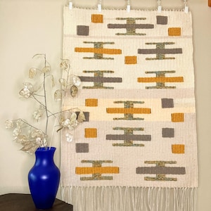 Weaving, unique hand woven tapestry, yarn, wall hanging, frame loom textile fiber art.