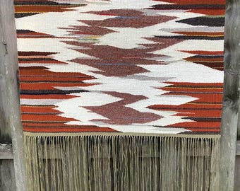 Weaving, unique hand woven tapestry, yarn, wall hanging, frame loom textile fiber art.