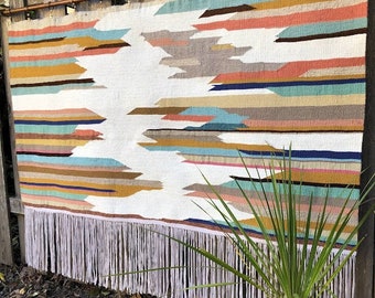 Weaving, unique hand woven tapestry, yarn, wall hanging, frame loom textile fiber art.