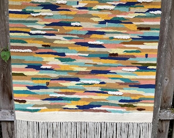 Weven, uniek, handgeweven wandtapijt, grote wandkleden, textiel, vezelkunst.