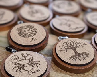 Keychain Wooden zodiac sign with key ring